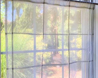 Bespoke Voile Cafe Blind Geometric Grid Screen in White