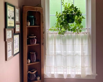 Cotton Voile Sheer Curtain • White Grid Pattern Fabric Drapery