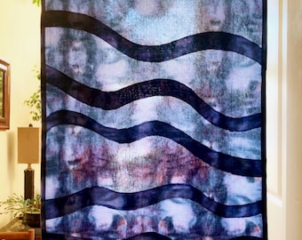 Japandi Shibori Pojagi Curtain Panel in Hand-Dyed Blue Purple Wave