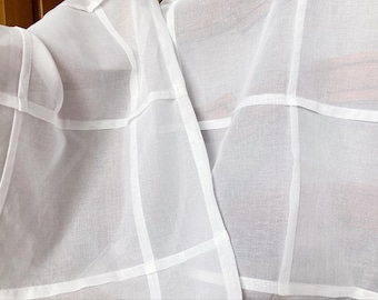 Organic Cotton Voile Curtain Panel: White Glass Block Grid, Custom Size