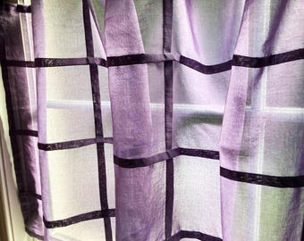 Custom Hand-Dyed Cotton Voile Window Panel Geometric Grid in Amethyst Smoke