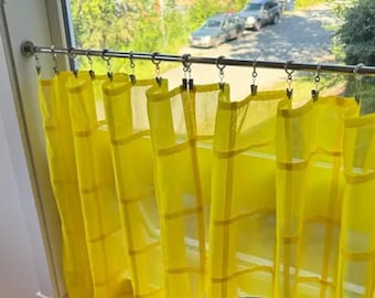 Minimalist Grid Panel Screen Sheer Cotton Voile Japandi Decor in Saffron Yellow