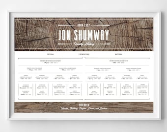 Custom Family Tree, Family Tree Print, Family History, Personalized Print, Family Tree, Masculine Family Tree, 4/5 Generations, Rustic Wood