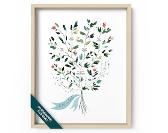 Albero genealogico, Albero genealogico personalizzato, Stampa dell'albero genealogico, Storia familiare, Albero genealogico ad acquerello, 2/3 generazioni, Nipoti fino a 25 anni, Ruscus