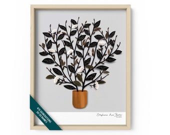 Puede incluir: Impresión artística enmarcada con un diseño de árbol estilizado. La obra de arte muestra un árbol con hojas negras y marrones, flores blancas y una maceta de color cobre. El marco es de madera clara. El texto en la impresión dice "4/5 Generations 30-35 Names".