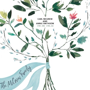 May include: Watercolor family tree illustration with green leaves, pink and yellow flowers, and the text "The McGrew Family." The names Carl McGrew and Annie Smithson are also included, along with their birth years and locations.