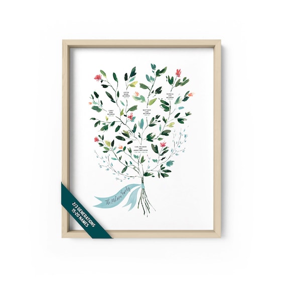 Family Tree, Custom Family Tree, Family Tree Print, Family History, Watercolor Family Tree, 2/3 Generations, Grandkids up to 25, Ruscus