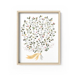 May include: A framed watercolour family tree print. The artwork depicts a tree design with green leaves, red flowers, and names on the branches. A yellow ribbon at the base displays the name "Rebecca Ann Vermeer" and the year "1980".