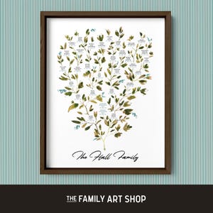 May include: A framed family tree art print with a watercolor design. The print features a tree with green leaves and the names of family members. The text "The Hall Family" is written in cursive. The Family Art Shop logo is at the bottom.