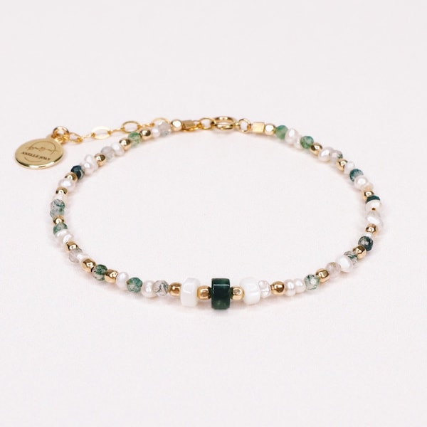 Maïa, Bracelet Pierres précieuses, or, bracelet perles, bracelet fin, agate verte, perle de culture, nacre blanche - Bijou Cadeau Noël