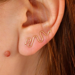 Może przedstawiać: Złoty nausznik w falistym, przypominającym węża wzorze. Biżuteria jest noszona na uchu, a wzór podąża za krzywizną ucha. Tło przedstawia ucho osoby i część jej głowy.