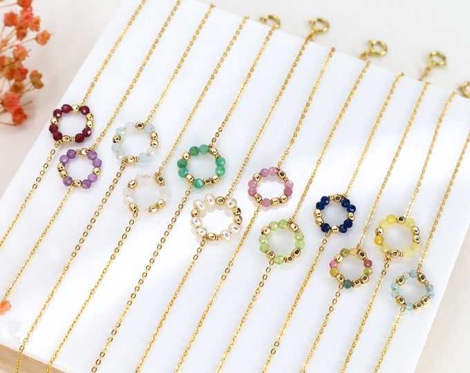 Pulsera Zenith con piedra natal, redonda, oro, plata, piedras preciosas, granate, amatista, esmeralda y zafiro. Regalo de Navidad.