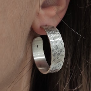 Wide sterling silver hoop Earrings, hammered oxidized silver hoops, artisan textured earrings