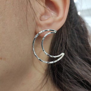 Big Crescent moon sterling silver earrings, Handmade hammered earrings