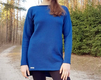 Pedido especial Jersey azul de otoño, jersey merino de punto para mujer, jersey largo de gran tamaño con cuello barco, mangas largas y espalda más larga