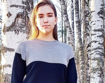 Knitted Jersey for Women, Elegant Merino Jumper, Fall Outfit, 2-colored Merino Pullover, Oversized Merino Sweater with Long Sleeves