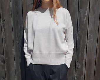 Light Gray Knitted Pullover, Fair Trade Jumper, Merino Sweater for Summer, Loose Fit Wool Jersey, Knitted Mockneck Top with Long Sleeves