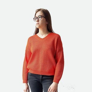 Üppiger Oranger Pullover Pullover, Rippen-Polo-Strickpullover, Kürbis Oranger Merinopullover, Übergroßer Pullover, Spaß Herbst Pullover, Wolltop