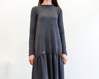Woman Warm knitted merino wool dress with ruffles Loose fit gray dress with long sleeves