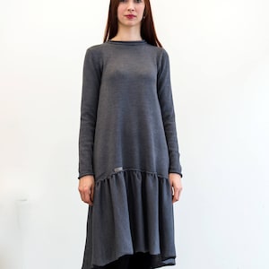 Donna Vestito caldo in lana merino lavorata a maglia con volant Vestito grigio ampio con maniche lunghe