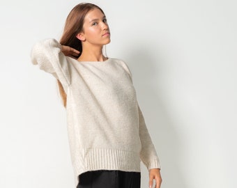 Orversized Knitted Pullover for Women, Loose Fit Merino Knit Pullover, White Merino Sweater with Oval Neck