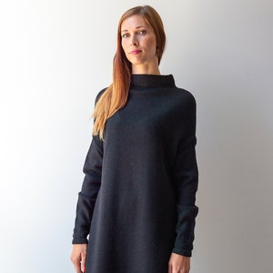 Cape Sweater Dress, High Neck Merino Wool Dress with Very Long Sleeves, Warm Winter Dress, Long Turtleneck for Winter, Knitted Woolen Dress