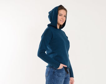 Navy Blue Merino Wool Knit Hoodie: Women&#39;s Relaxed Fit Jumper