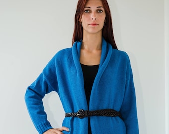 Gestrickter Maxi-Cardigan für Frauen, langer blauer Cardigan, übergroßer Cardigan-Pullover, locker sitzender Strickmantel, handgefertigt in Litauen