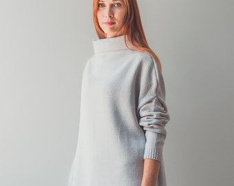 White Wool Sweater Dress with High Neck, Merino Mini Dress, Long Knitted Turtle Neck for Women, Lithuanian Knit Sweater