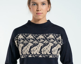 Knitted Merino Wool Sweater with Polar Bears, Woolen Pullover with Ornaments, Lithuanian Gift,  Lithuanian Knit Sweater