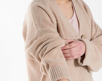 Button Up Cardigan with Baggy Sleeves, Oversized Cardigan with Buttons, Knitted Merino Wool Cardigan, Beige Knit Sweater