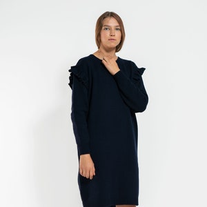 Merino and Cashmere Dress with Curled Sleeves, Merino Knit Dress for Ladies, Knitted Merino Dress with Long Sleeves image 1