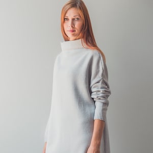 White Wool Sweater Dress with High Neck, Merino Mini Dress, Long Knitted Turtle Neck for Women, Lithuanian Knit Sweater