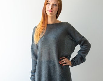 Oversized Mohair Pullover for Women, Semitransparent Knit Sweater, Knitted Mohair Jumper, Long Summer Pullover