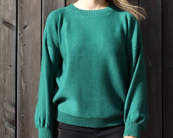 Green Merino Sweater for Autumn, Knitted Boat Neck Pullover, Oversized Wool Jersey, Loose Fit Knitted Sweater with Long Sleeves