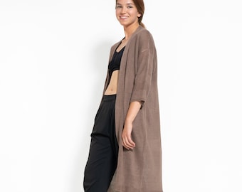 Cardigan en lin tricoté, cardigan de plage en lin, cardigan long cacao pour l'été, cardigan d'été minimaliste bohème