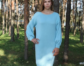 Light Blue Sweater Dress, Merino Wool Dress for Women, Knitted Midi Dress for Autumn, Oversized Dress with Long Sleeves