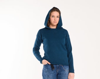 Navy Blue Knitted Hoodie, Merino Knit Sweater, Women's Knitted Jumper, Pullover with a Hood