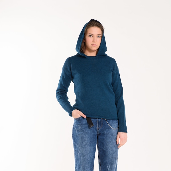 Navy Blue Knitted Hoodie, Merino Knit Sweater, Women's Knitted Jumper, Pullover with a Hood