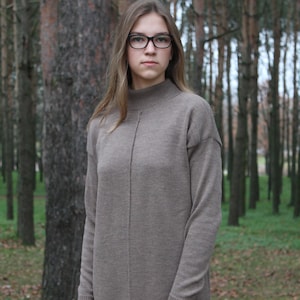 Long Knitted Merino Wool Dress, Warm Grey Autumn Dress, Brown Turtle Neck Sweater Dress, Loose Fit Ladies Dress