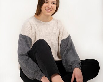 Oversized Merino Wool Knit Sweater: Two-Tone Baggy Sleeve Pullover