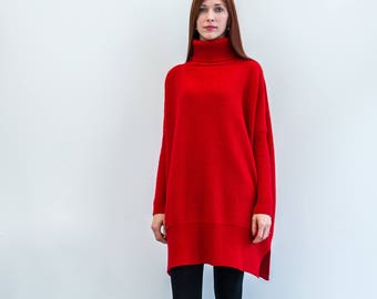 Special order Turtleneck Sweater for Women, Long Knitted Alpaca Wool Pullover with a Turtle Neck, Red Loose Fit Sweater Dress for Winter