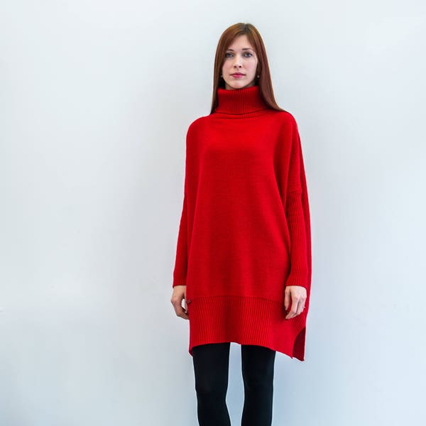 Pull à col roulé surdimensionné pour femme, long pull en laine d'alpaga tricoté avec un col roulé, robe-pull rouge ample pour l'hiver