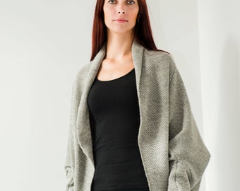 Woolen Wrap Cardigan for Summer, Ultimate Gray Knitted Poncho Cardigan, Wool Knit Cape Made in Lithuania, Lithuanian Gifts