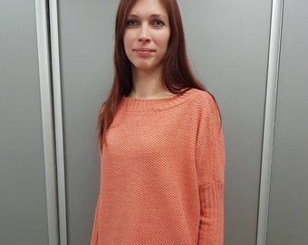 Faded Orange Merino Wool Knit Pullover: Long Sleeve Loose Fit