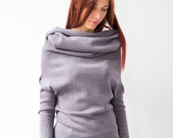 Fliederfarbenes Pulloverkleid aus Merinowolle, gestrickter Hoodie Verwandelt sich in ein Merinostrickkleid, Lilafarbenes Hoodiekleid, gestricktes Wollkleid mit Wasserfallausschnitt