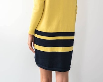 Illuminating Yellow Dress with Blue Stripes, Striped Knitted Mini Dress, Merino Sweater Dress, Merino Knit Dress, Autumn Outfit Idea