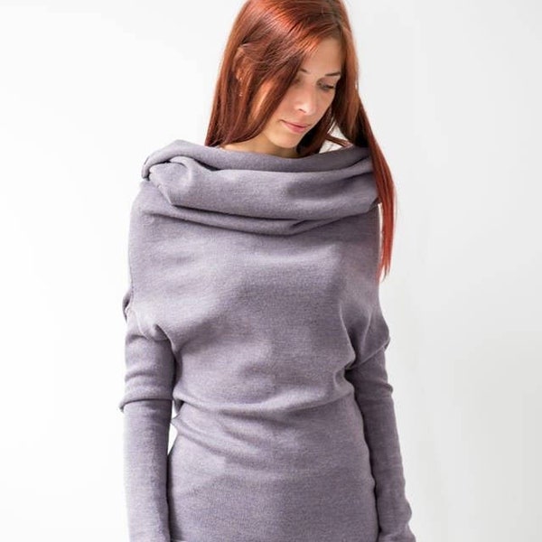 Vestido suéter de lana merino lila: sudadera de punto con cuello vuelto
