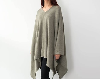 Gestrickter Poncho, Wollpullover Poncho, One Size V-Ausschnitt Wickelponcho mit Falten, Oversized Decke Poncho für Frauen, Weihnachtsgeschenk