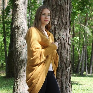 Yellow Alpaca Wool Cardigan, Wrap Sweater with Puffy Sleeves, Oversized Cardigan for Women, Light Summer Sweater image 5